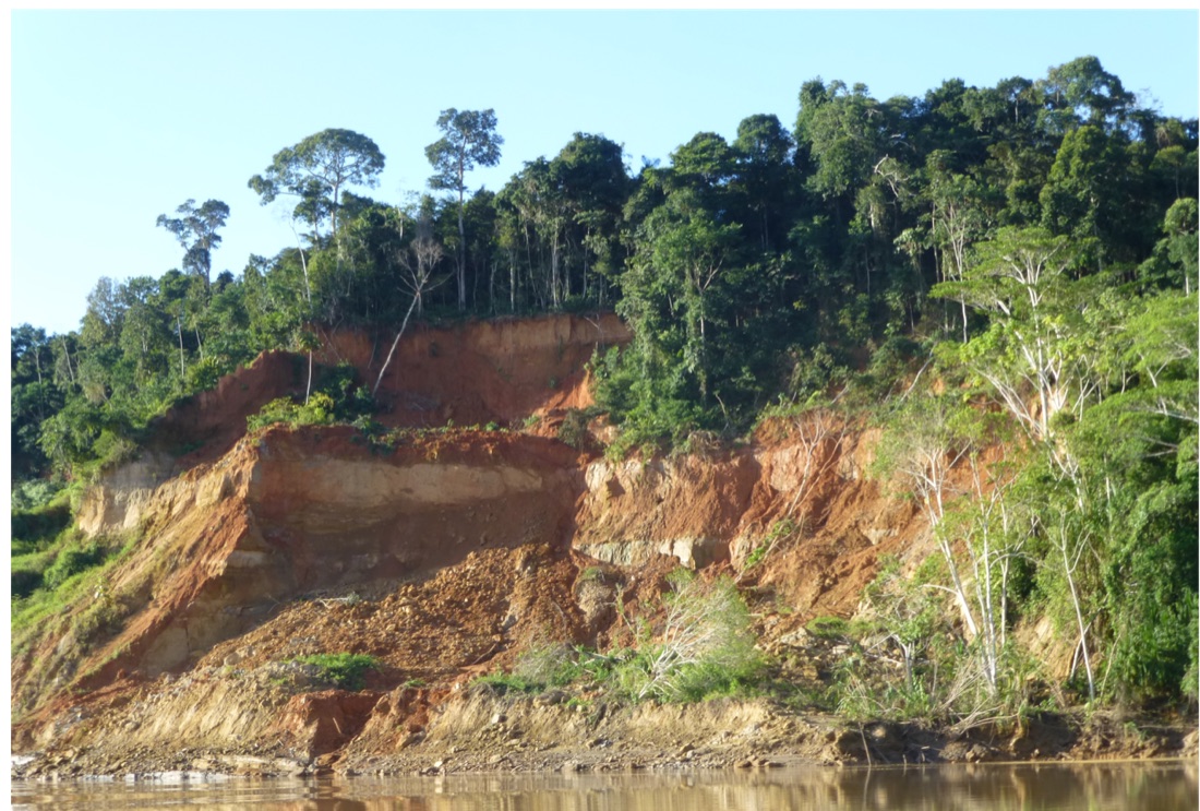 Terrace landscape in the Peruvian Amazon showing stream incision through river-deposited terraces.