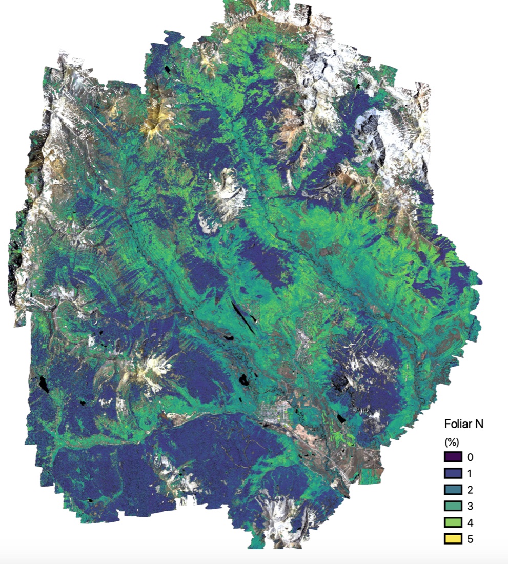 Map of modelled canopy nitrogen across the upper East River watershed derived from NEON AOP imaging spectroscopy.