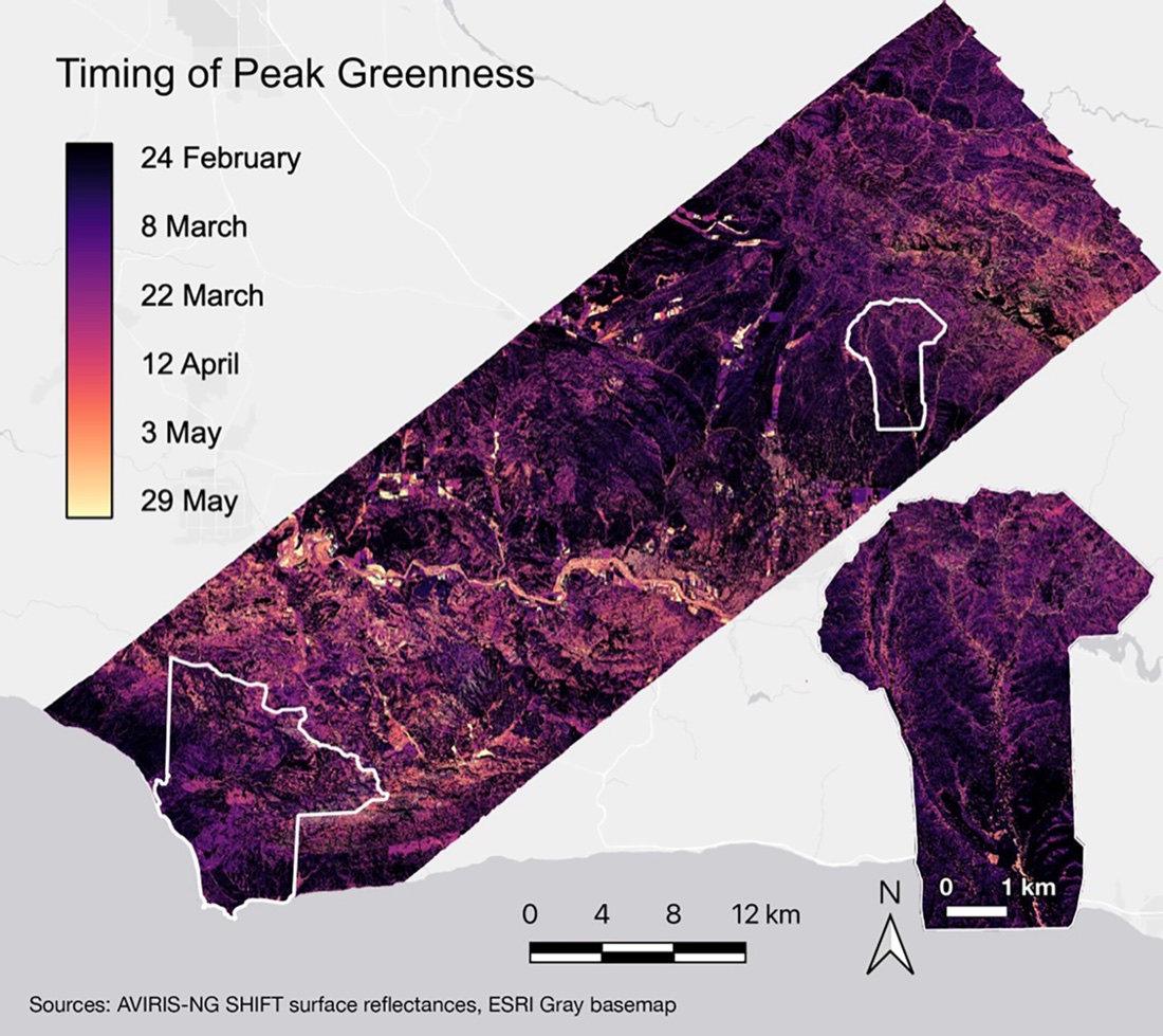 Map of the timing of peak greenness across the SHIFT flight boxes, colored from late February through late May.